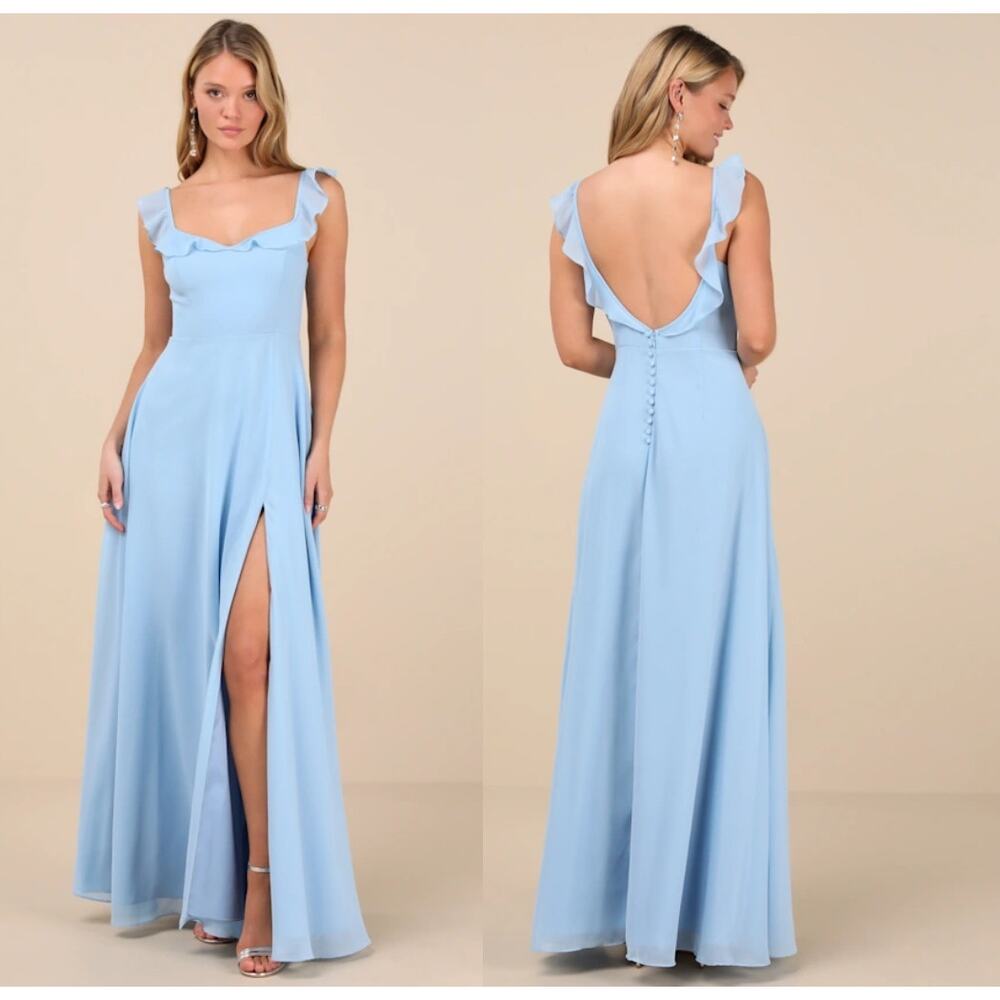 NWT Lulus Dreamy Admiration Light Blue Ruffled Maxi Dress Bridesmaid Formal XS